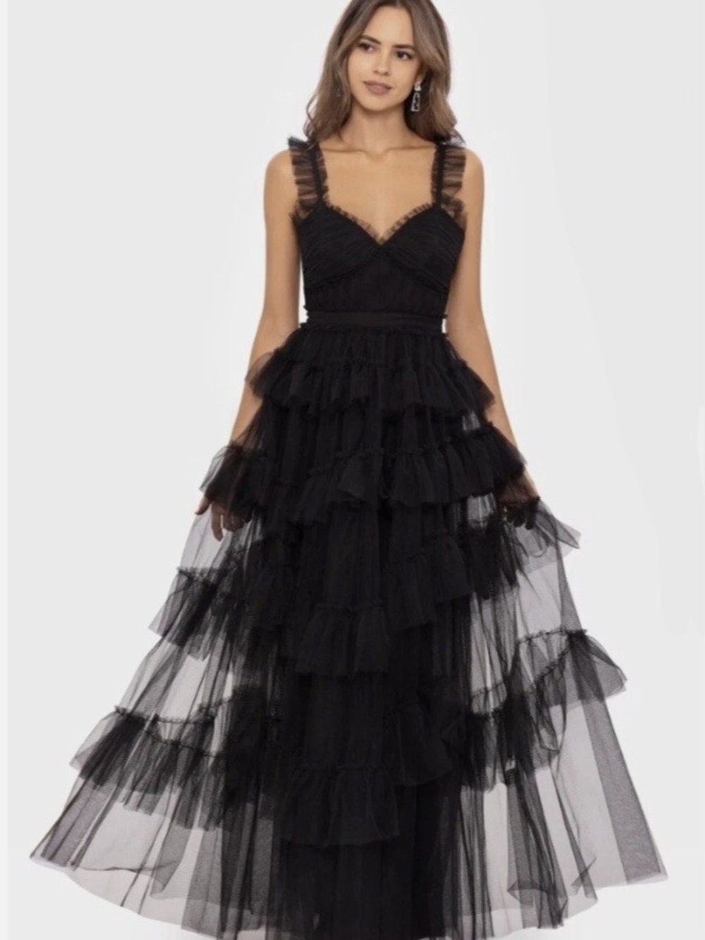 Betsy & Adam Black Layered Tulle Maxi Dress